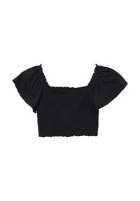 Schwarzes Top mit kurzen puffigen Ärmeln, das entlang des Körpers eine geraffte Textur aufweist und einen quadratischen Halsausschnitt hat. Glattes Material mit einem dezenten Stretch.