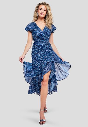 Goddiva PRINTED WRAP HIGH AND LOW MAXI - Cocktailjurk - navy