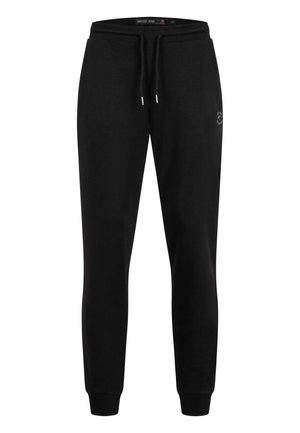 Fekete slim-fit jogger nadrág rugalmas derékrésszel, húzózsinórral, bordás mandzsettákkal és kis fehér logóval a bal combon.