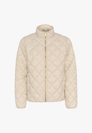 Apsiaustas kreminės spalvos paltas su aukštu apykakle ir priekiniais užtrauktukais. Išsiskiria deimanto raštu ir auksinėmis detalėmis. Glaudi tekstūra, kasdieniškas dizainas.