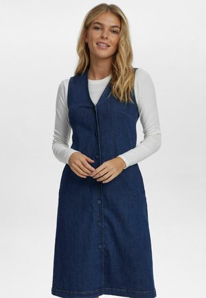 Denim jurk met een getailleerde corsage en A-lijn rok, voorzien van een V-hals, een knoopsluiting aan de voorkant en twee zijzakken. Donkerblauwe kleur.