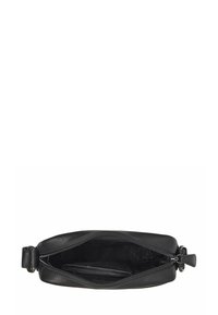 Borsa in pelle nera con chiusura a zip, forma rettangolare, texture liscia e tasca interna, che mette in risalto un design semplice e funzionale.