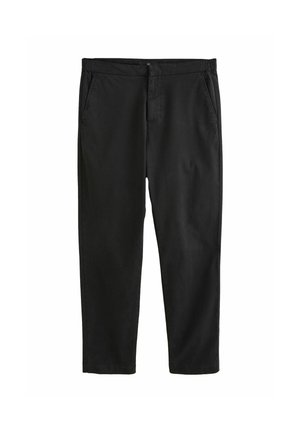 Pantalons noirs légers au fit décontracté, avec poches latérales, devant plat et texture lisse. Conçus pour un usage décontracté.