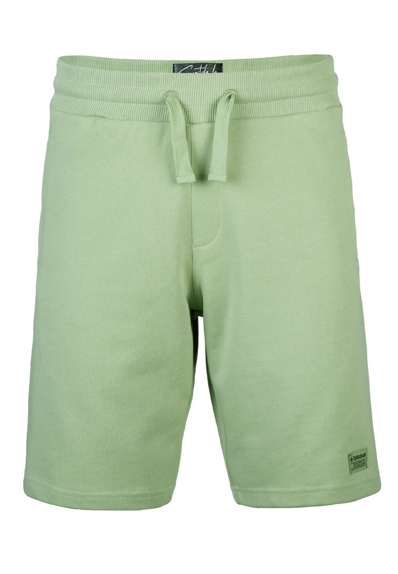 Hellgrüne Baumwollshorts mit elastischem Bund, Kordelzug und Seitentaschen. Mit strukturiertem Stoff und einem kleinen Markenetikett.