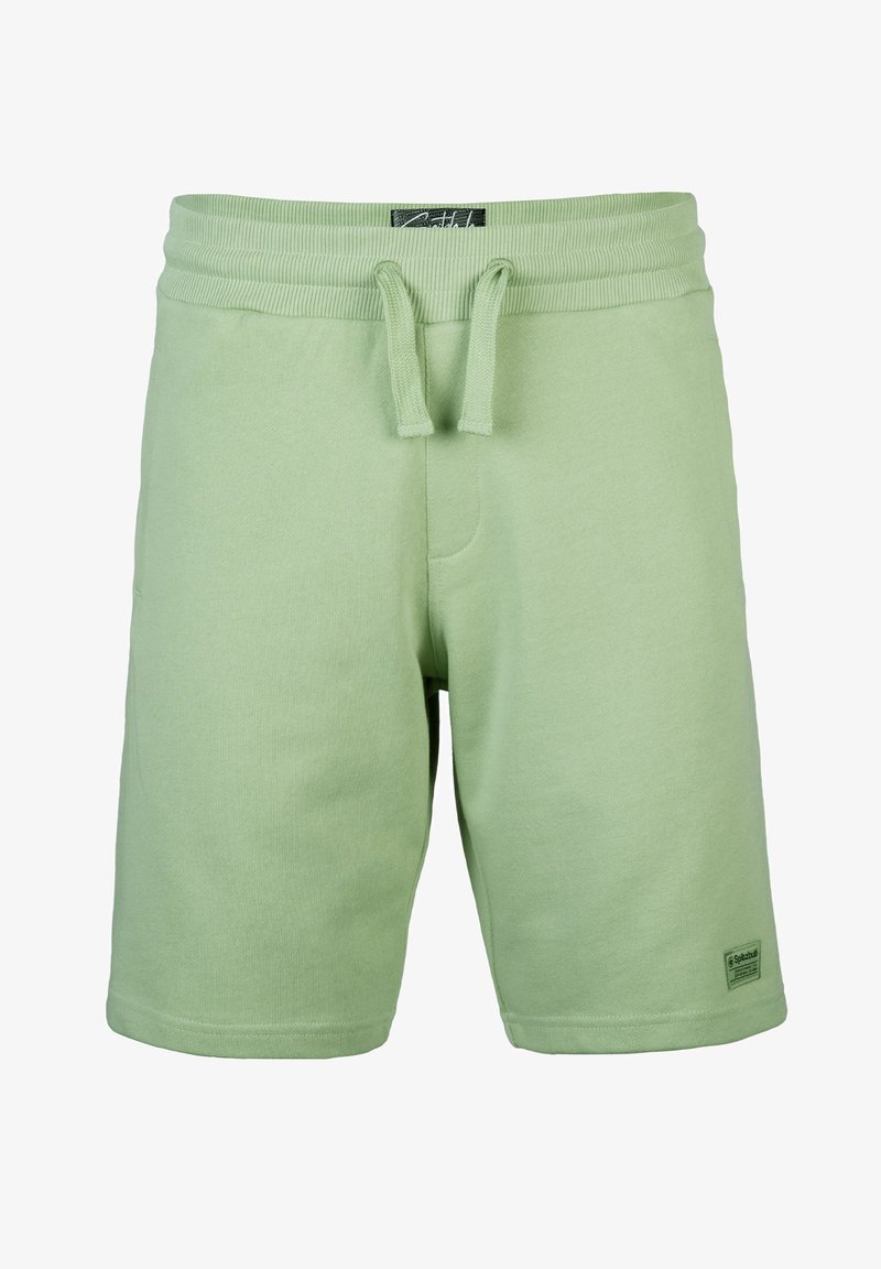 Lichtgroene katoenen shorts met een elastische tailleband, trekkoord en zijzakken. Bevat een gestructureerde stof en een klein merkteken.