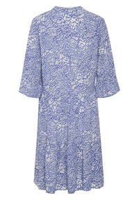 Abito blu con motivo astratto bianco, maniche corte, scollo rotondo e orlo a campana. Tessuto leggero con una finitura morbida e texture.