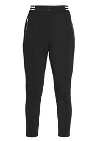 Svarta tapered byxor i slätt material, med två sidofickor med dragkedja, hög midja med två knappstängningar och silverrandiga detaljer.