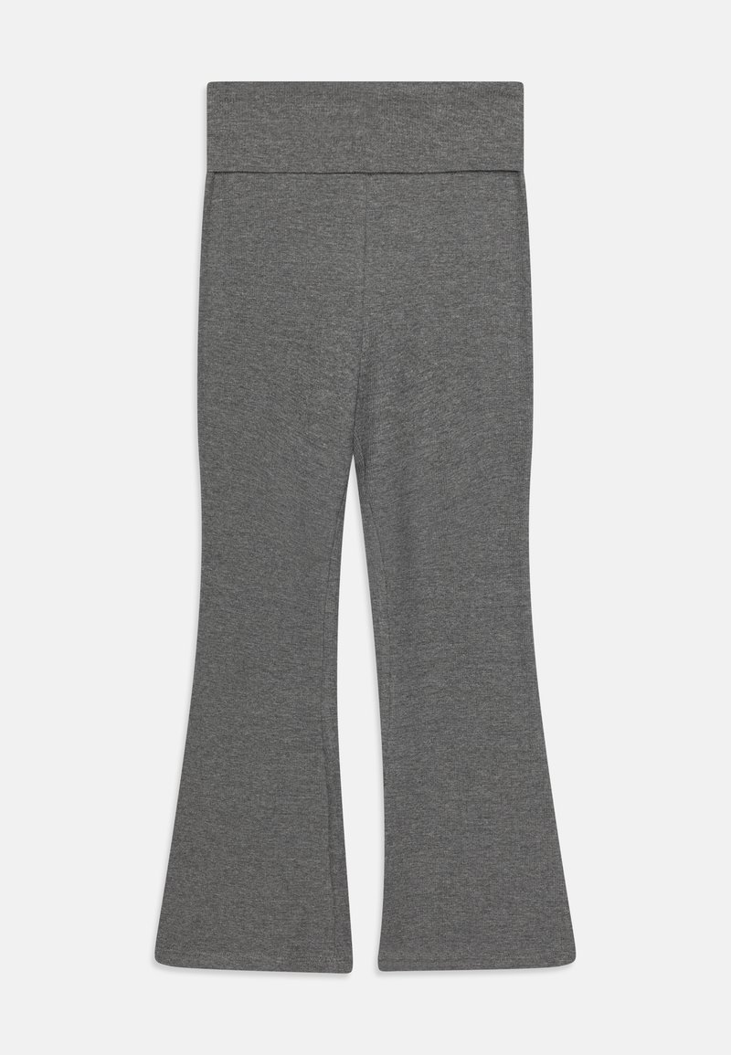 Pantalon en maille gris avec une taille haute et des jambes évasées, posé à plat sur un fond blanc.