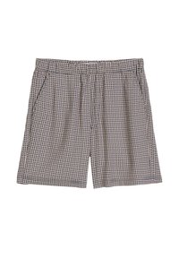 Heren shorts met een geblokt patroon in marineblauw op een lichtbeige achtergrond, met een elastische tailleband en zijzakken.