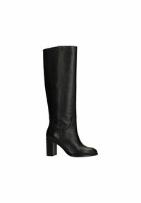 Zwarte leren laars tot de knie met een gladde afwerking, vierkante neus en blokhak, met minimale stiksels en een slank silhouet.