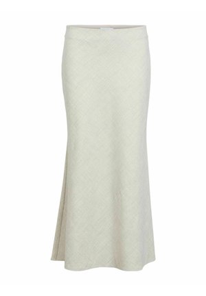 Lysebeige midi-nederdel med tekstureret diamantmønster, udvidet pasform og diskret sideslids ved kanten. Glat taljebånd.