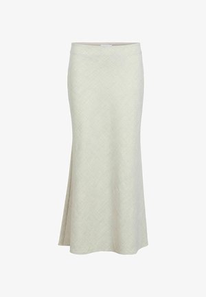 Šviesiai smėlio spalvos midi ilgio sijonas su tekstūruotu deimanto raštu, platėjantis apačioje ir subtiliu šoniniu plyšiu apačioje. Lygus juosmuo.