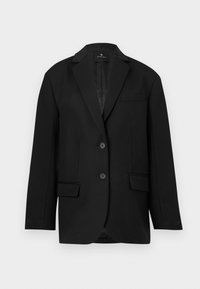 Μαύρο μονόκουμπο σακάκι με πετσετοειδείς πέτο, δύο κουμπιά, δύο μπροστινές τσέπες με καπάκι και μία τσέπη στο στήθος, παρουσιασμένο σε ουδέτερο φόντο.