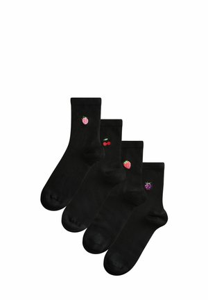 Svart bomullssockor set med fyra par med färgglad fruktbroderi: rosa jordgubbe, röd körsbär, rosa jordgubbe och lila bär.