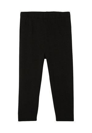 Black elastic-waist cropped leggings made of smooth fabric, fitting close to the body with no visible patterns or logos.