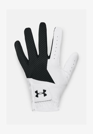 Witte en zwarte sporthandschoen met een gladde leren palm, een gestructureerde zwarte synthetische achterkant en een klein logo-opdruk op de pols.