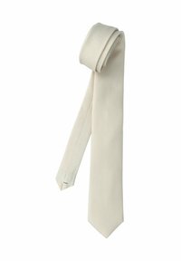 Hellbeige Krawatte in strukturiertem Gewebe, mit spitzem Ende und einem Schlaufendesign an der Oberseite zur Aufbewahrung oder Präsentation.