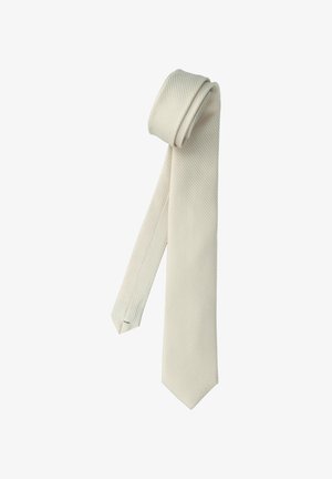 Hellbeige Krawatte in strukturiertem Gewebe, mit spitzem Ende und einem Schlaufendesign an der Oberseite zur Aufbewahrung oder Präsentation.