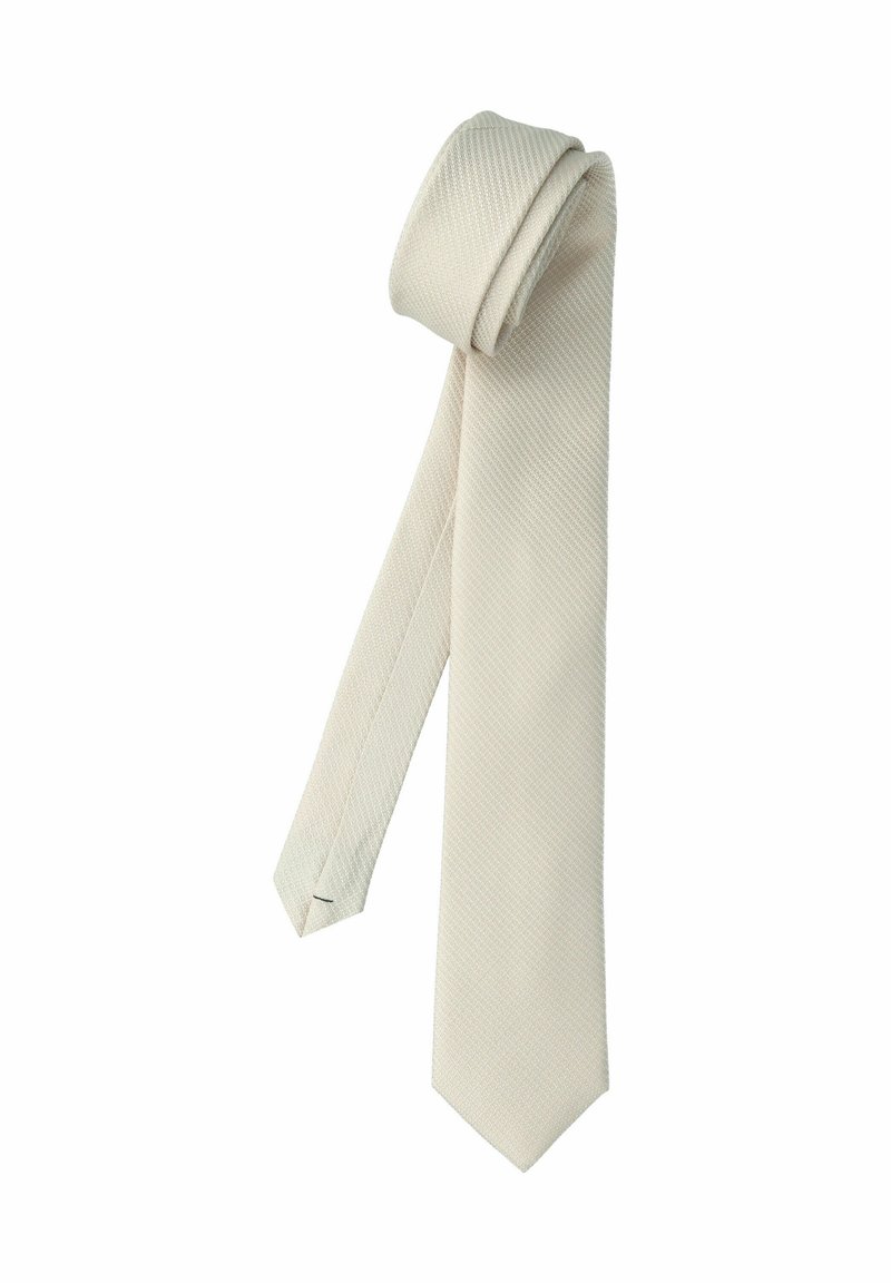 Hellbeige Krawatte in strukturiertem Gewebe, mit spitzem Ende und einem Schlaufendesign an der Oberseite zur Aufbewahrung oder Präsentation.
