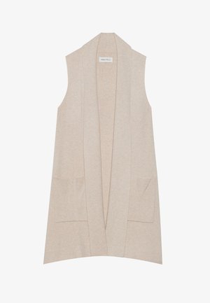 Light beige sleeveless cardigan with an open front, two front pockets, and a ribbed texture. Features a relaxed fit and clean lines.