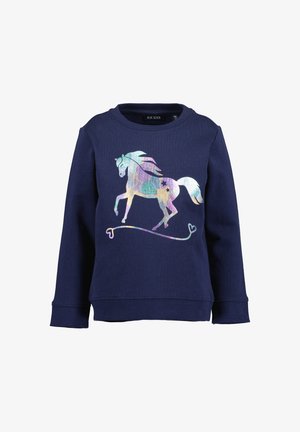 Marineblauwe longsleeve sweater met een meerkleurig holografisch opstaand paarden design en hartvormige accenten aan de voorkant.