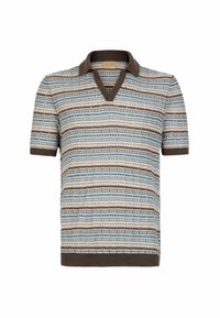 Strikket polo med korte ærmer og V-hals, der har et tekstureret mønster i blå, brun og hvide striber; brun ribbet krave og kant.