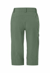 Olivgrüne, taillierte Hosen mit einer glatten, matten Textur. Sie haben einen geraden Schnitt, ein Logo am hinteren Bündchen und zwei Seitentaschen.