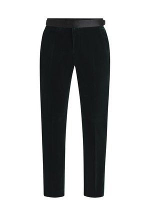 Pantaloni din catifea de un verde intens, cu un design elegant, având o curea neagră și o croială ajustată, care subliniază textura fină.