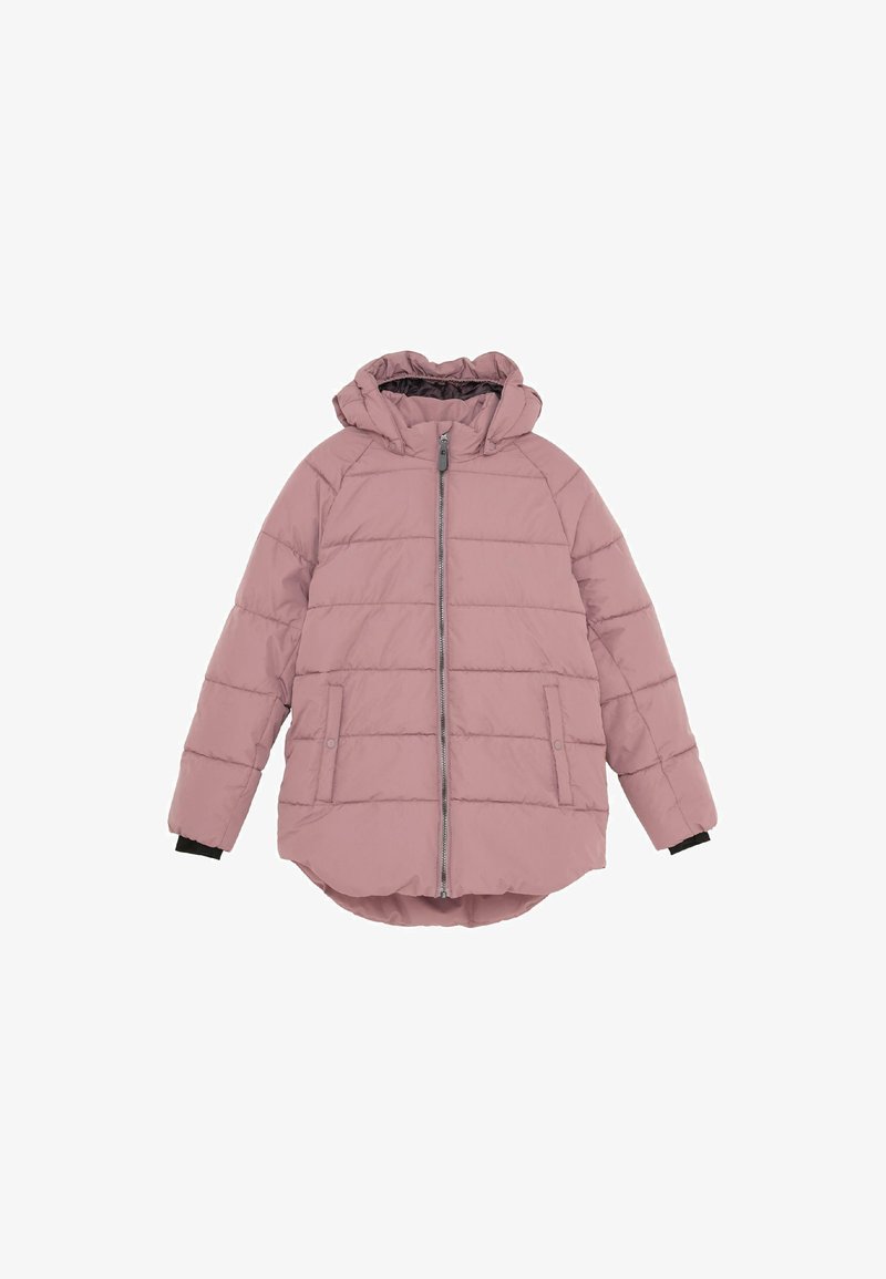 Ljusrosa vadderad jacka med huva, som har en framzipper, två sidofickor och svarta detaljer vid ärmsluten. Slät, vadderad textur.