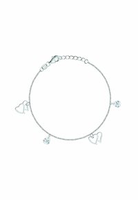 Braccialetto in argento con catena, caratterizzato da tre charm: due a forma di cuore e uno a forma di goccia, adornati con cristalli trasparenti.