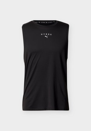 Schwarzes ärmelloses sportliches Oberteil mit rundem Ausschnitt, mit weißem "HYROX"- und Puma-Logo auf der Brust vor neutralem Hintergrund.