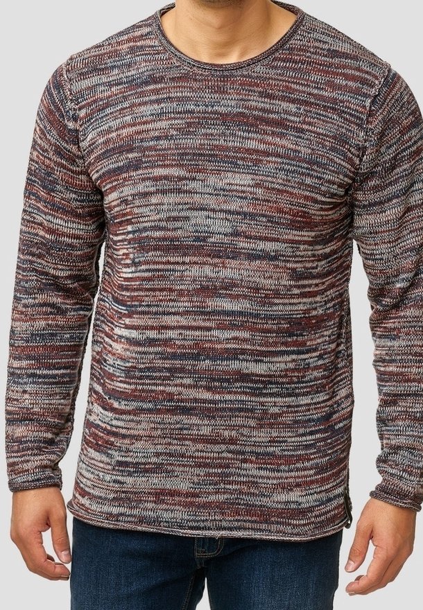 Strik langærmet skjorte i maroon, navy og creme striber. Rund halsudskæring, tekstureret stof med en løs pasform og sideløsning.