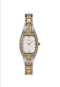 Montre bracelet Timex avec un bracelet en acier inoxydable argenté et doré de forme rectangulaire, cadran blanc, index horaires dorés et accents en cristal.
