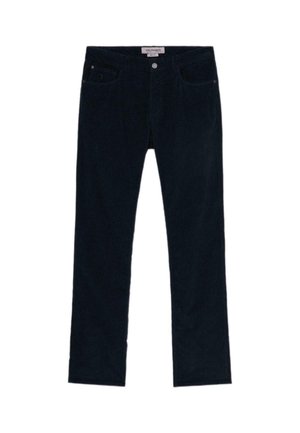 Ciemnoniebieskie dżinsy z kordurowego materiału o prostym kroju nogawki, z przednimi kieszeniami i zapięciem na guzik. Miękka tekstura z delikatnym prążkowaniem.