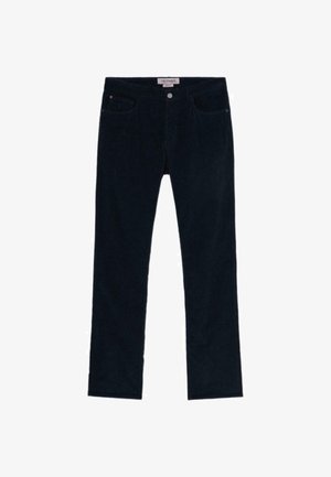 Jeans de pana azul oscuro con un diseño de pierna recta, bolsillos delanteros y cierre de botón. Textura suave con un ligero acanalado.