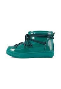 Teal high-top sneakers with glossy patent finish, featuring round laces and metallic eyelets, thick rubber sole with textured pattern.