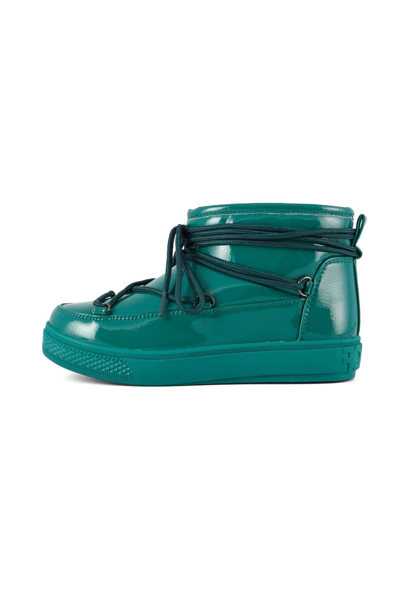 Teal high-top sneakers with glossy patent finish, featuring round laces and metallic eyelets, thick rubber sole with textured pattern.