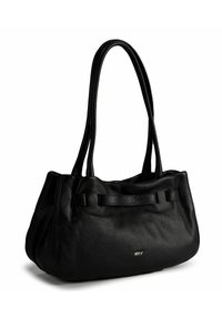 Zwarte leren handtas met een gestructureerde afwerking, zachte vorm, twee stevige handvatten en een subtiel logo aan de voorkant. Voorzien van lintaccenten.