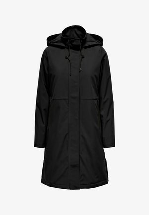 Černá nepromokavá bunda s kapucí, vybavená předním zipem, dvěma bočními kapsami a volným střihem. Hladká textura a minimalistický design.