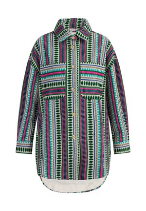 Cămașă cu butoni multicolor, având dungi verzi, roz și albastre, cu motive de frunze, guler deschis și două buzunare pe piept.