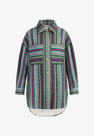 Többszínű, gombos ing zöld, rózsaszín és kék csíkokkal, levélmintákkal, széles gallérral és két mellzsebbel.