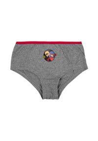 Slip da donna grigio con bordi rossi, caratterizzati da personaggi dei cartoni animati Ladybug e Cat Noir stampati al centro davanti.