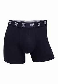 Navy blue cotton boxer briefs with a white elastic waistband featuring "CR7" logo. Soft texture and snug fit, designed for comfort.