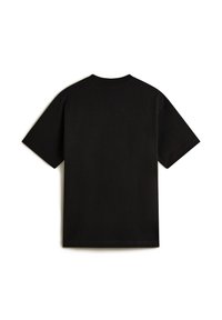 Camiseta negra de manga corta hecha de algodón, con cuello redondo y un diseño liso sin patrones ni acentos.