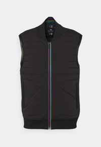 Gilet matelassé noir sans manches avec fermeture éclair sur le devant, décorée de rayures multicolores, et bordure rayée assortie sur le col et les emmanchures.