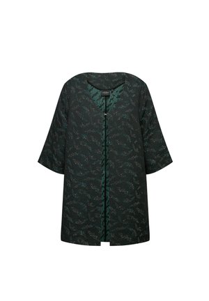 Schwarze Jacke mit grünem Blumenmuster, weiten Ärmeln und V-Ausschnitt. Mit einer Frontöffnung und vertikaler Knopfverschluß.