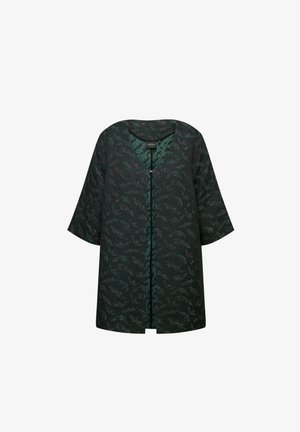 Schwarze Jacke mit grünem Blumenmuster, weiten Ärmeln und V-Ausschnitt. Mit einer Frontöffnung und vertikaler Knopfverschluß.