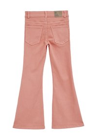 Rosa utsvängda jeans i denim, med ett midjeband med bältesöglor, två bakfickor och en beige logotag på baksidan.