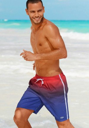 Men's swim trunks featuring a red to blue gradient, with a white drawstring waistband and accent side stripe, designed for beachwear.