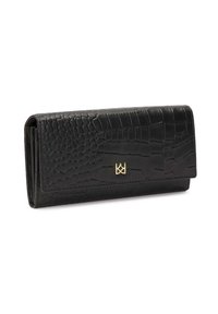 Portafoglio in pelle nera con motivo croco testurizzato, caratterizzato da un accento del logo dorato e un design a ribalta. Finitura liscia e forma elegante.